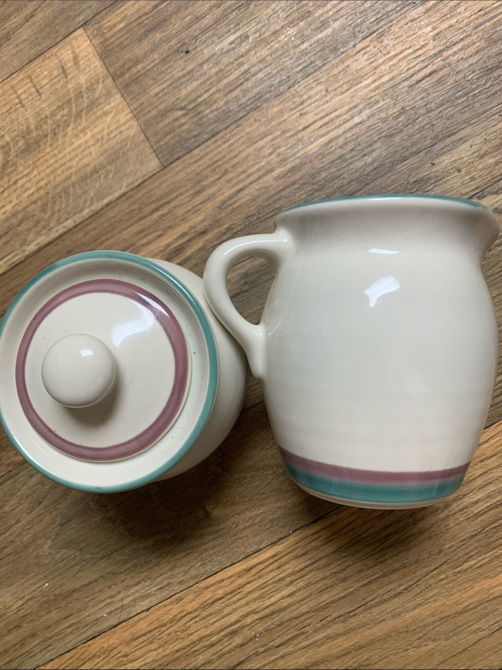RPfaltzgraff JUNIPER Cream Pitcher and Sugar Jar Green and Mauve Bands